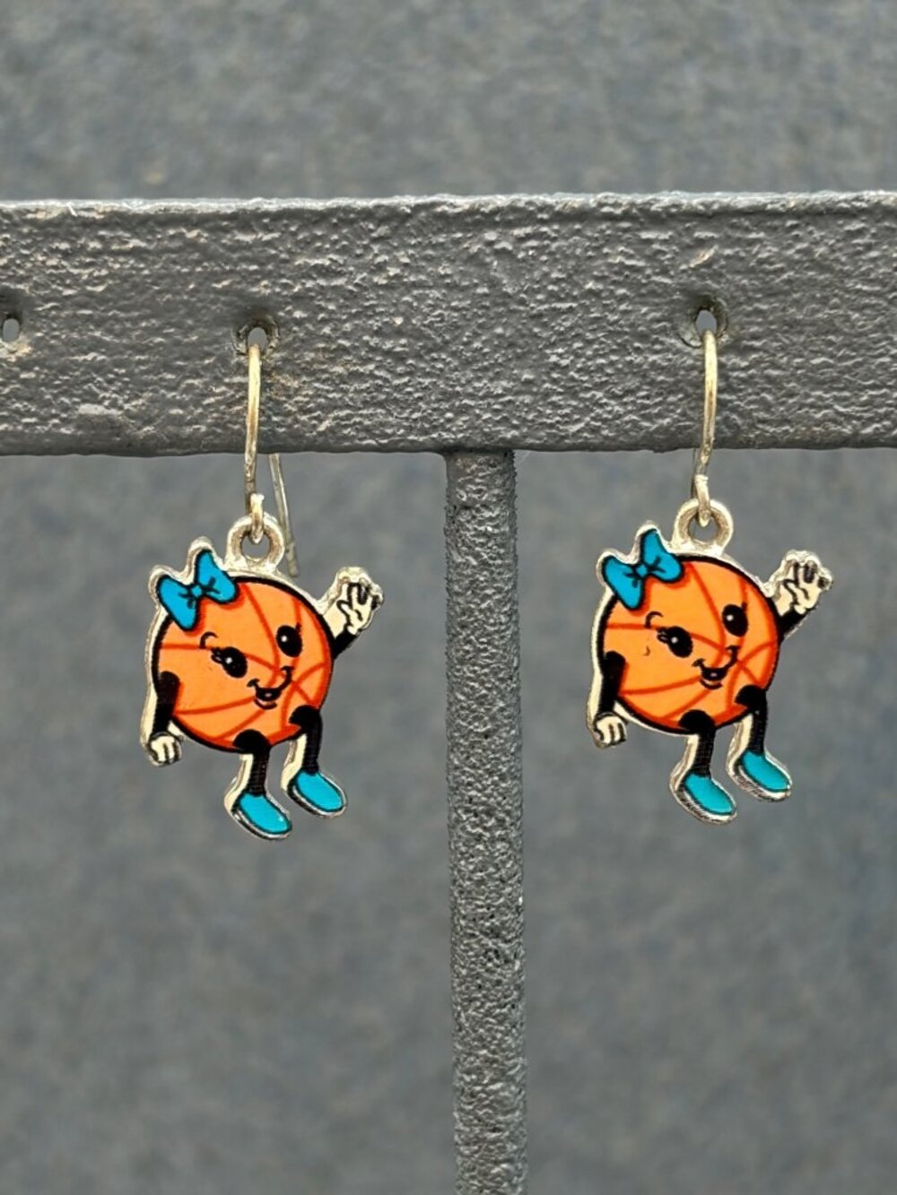Justice Basketball Dangle Earrings 1.5 In As Is Orange Blue Bow Shoes Silver